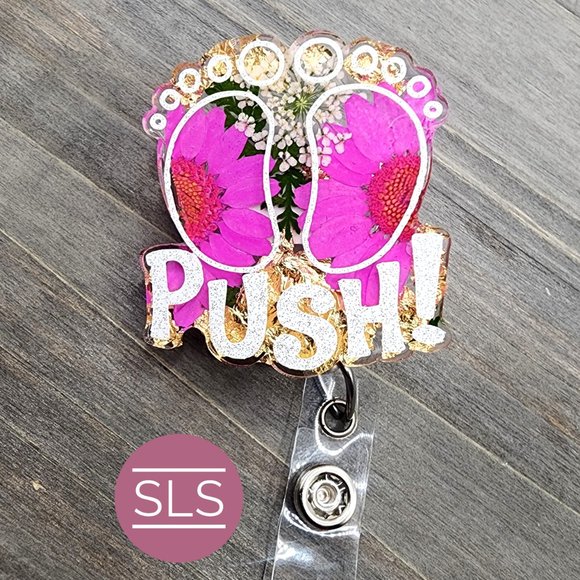 Baby Feet Floral Badge Reel With Push-OBGYN Badge Reel-NICU Nurse-OB Nurse Badge - Picture 6 of 7